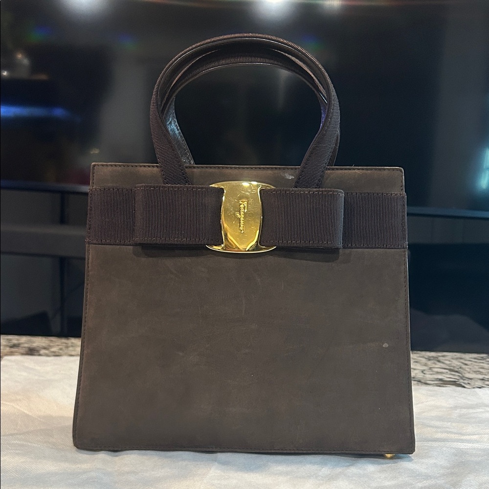 Salvatore Ferragamo Brown Suede Vala Bow handbag 2way with COA EUC - Picture 1 of 16